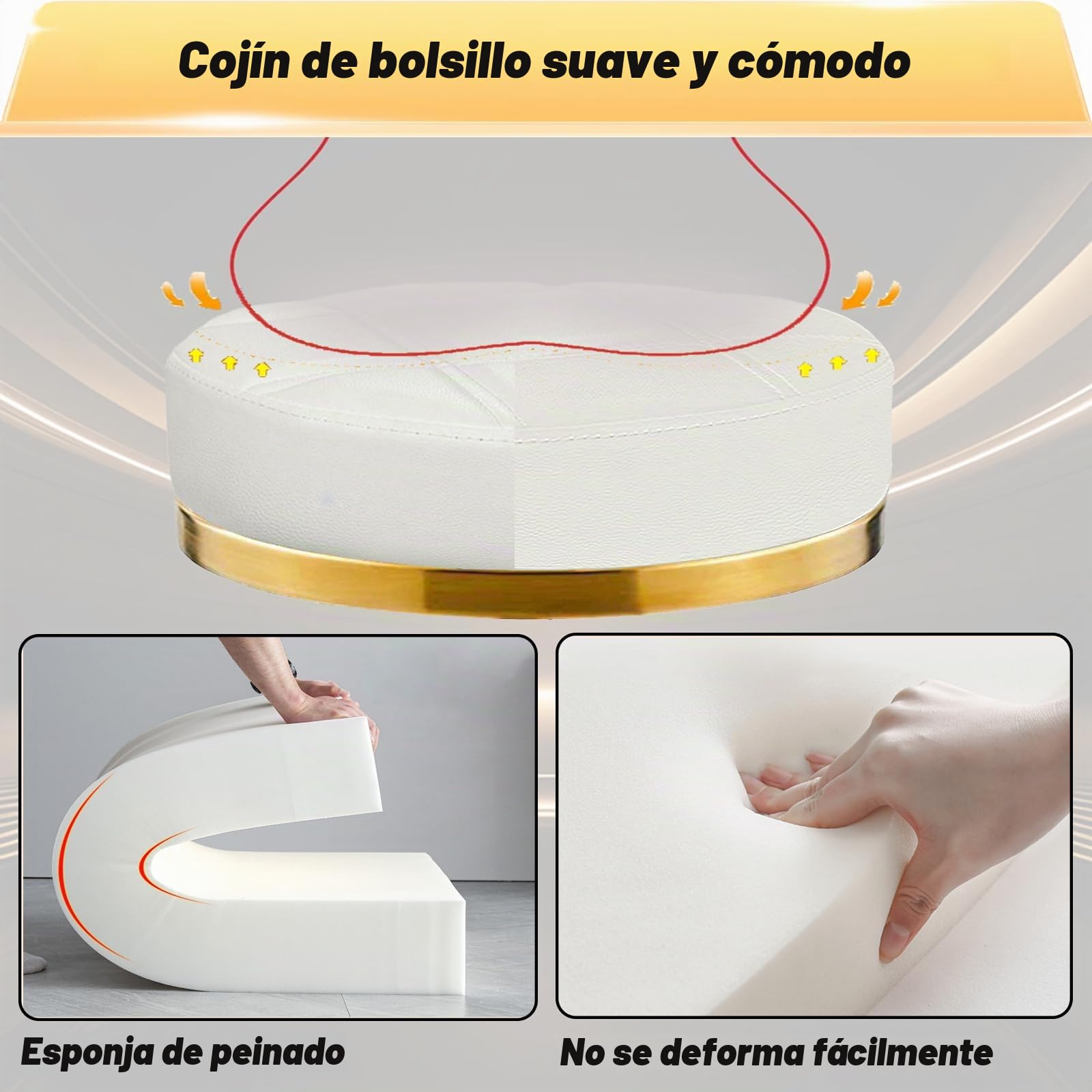 Dorado Taburete con Ruedas, Silla Giratoria Redondo de Cuero PU, Taburetes para Tocador, Oficina y Esteticista, Banqueta Regulable Altura de 45 a 58 cm (Blanco, Sin Respaldo)