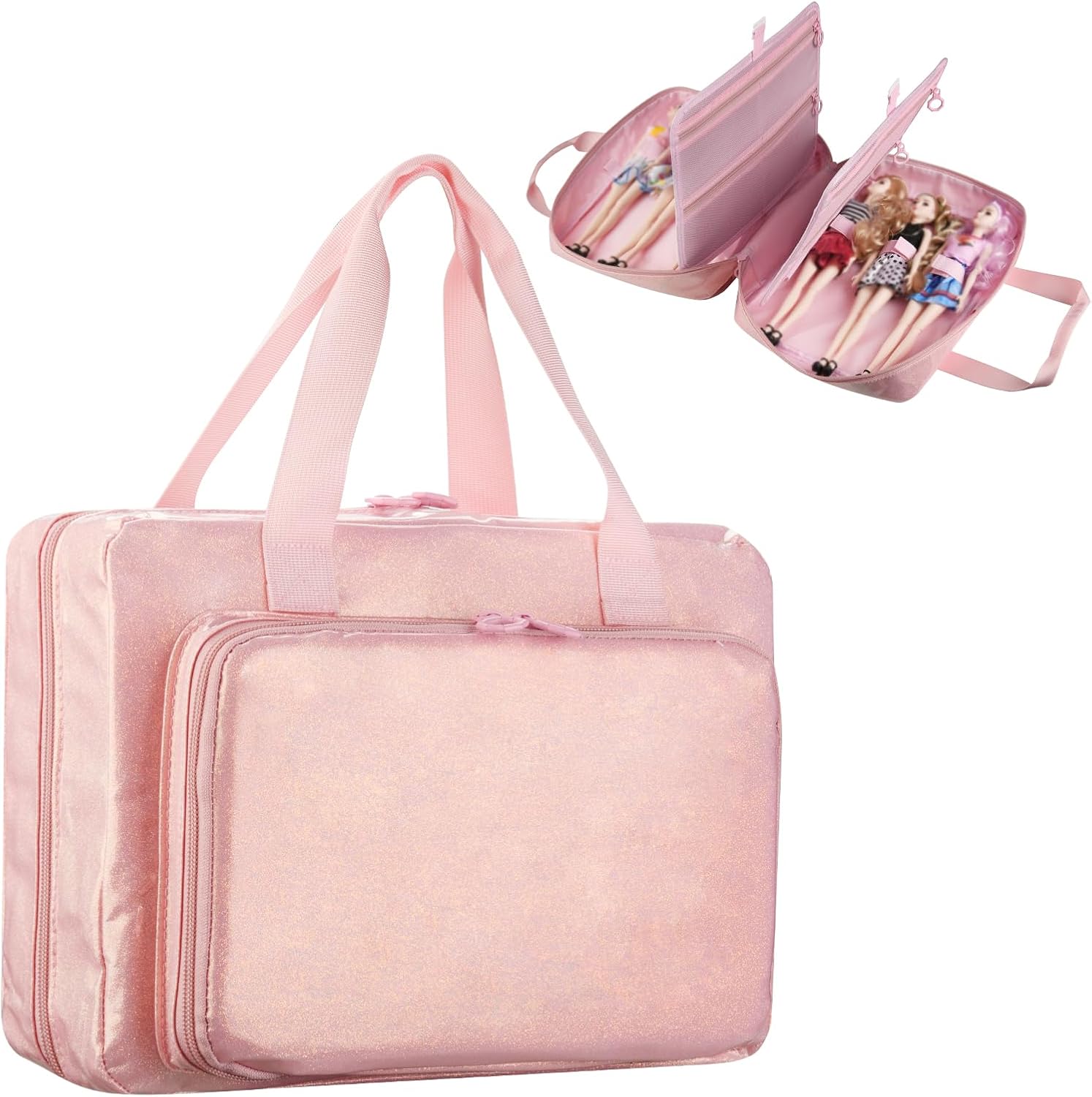 Beautyflier Carrying Case Compatible with Barbie Dolls 12-Inch, Portable Organizer Storage Bag Holds up to 6 Dolls, Toy Doll Storage Box, Multiple Pockets for Accessories, Bag Only (Pink)