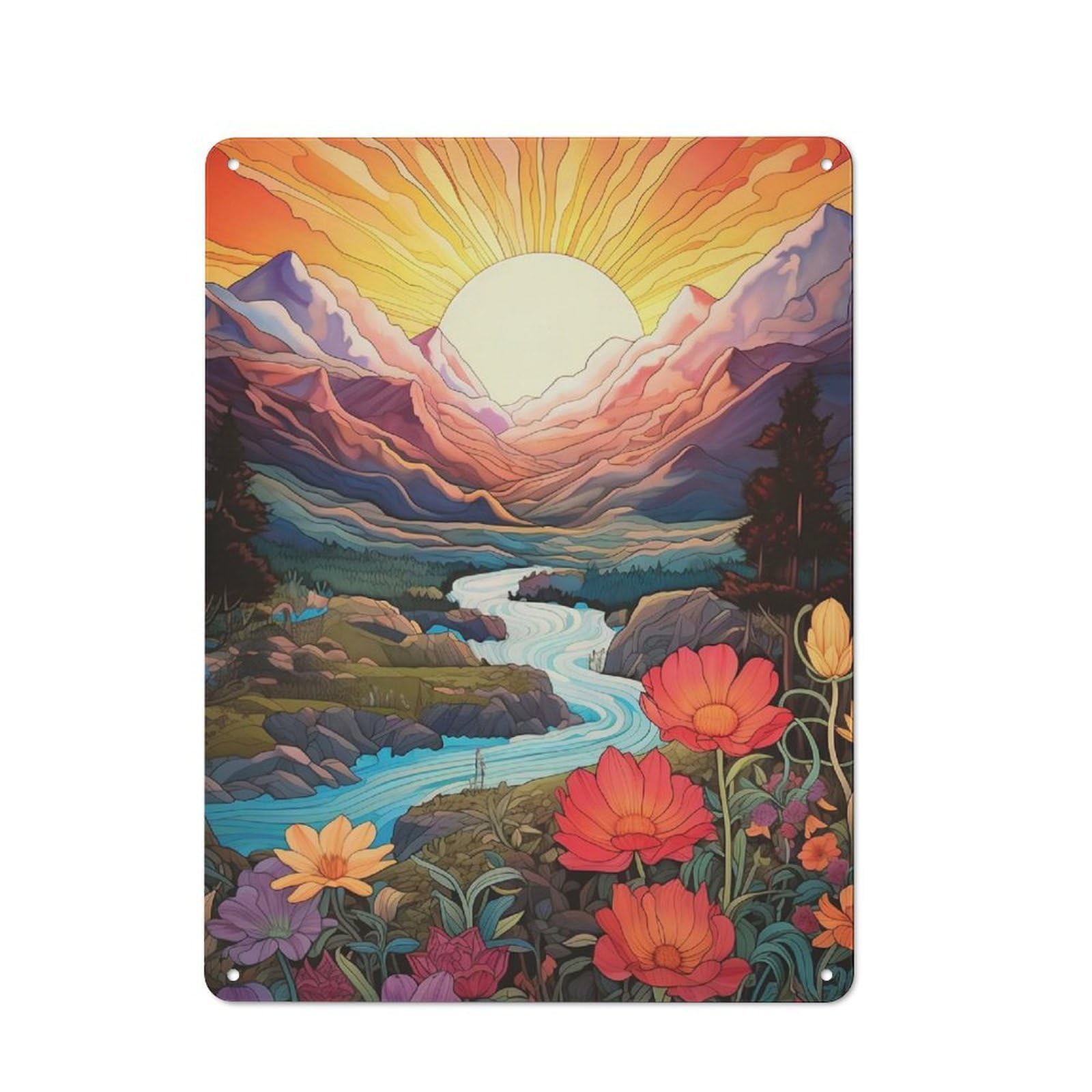 Junmoney Floral Mountain Landscape With River For Hobby Room Or Studio, Rustic Metal Sign 40X30cm, For Creative Interior Collectors Refreshing A Room In Autumn