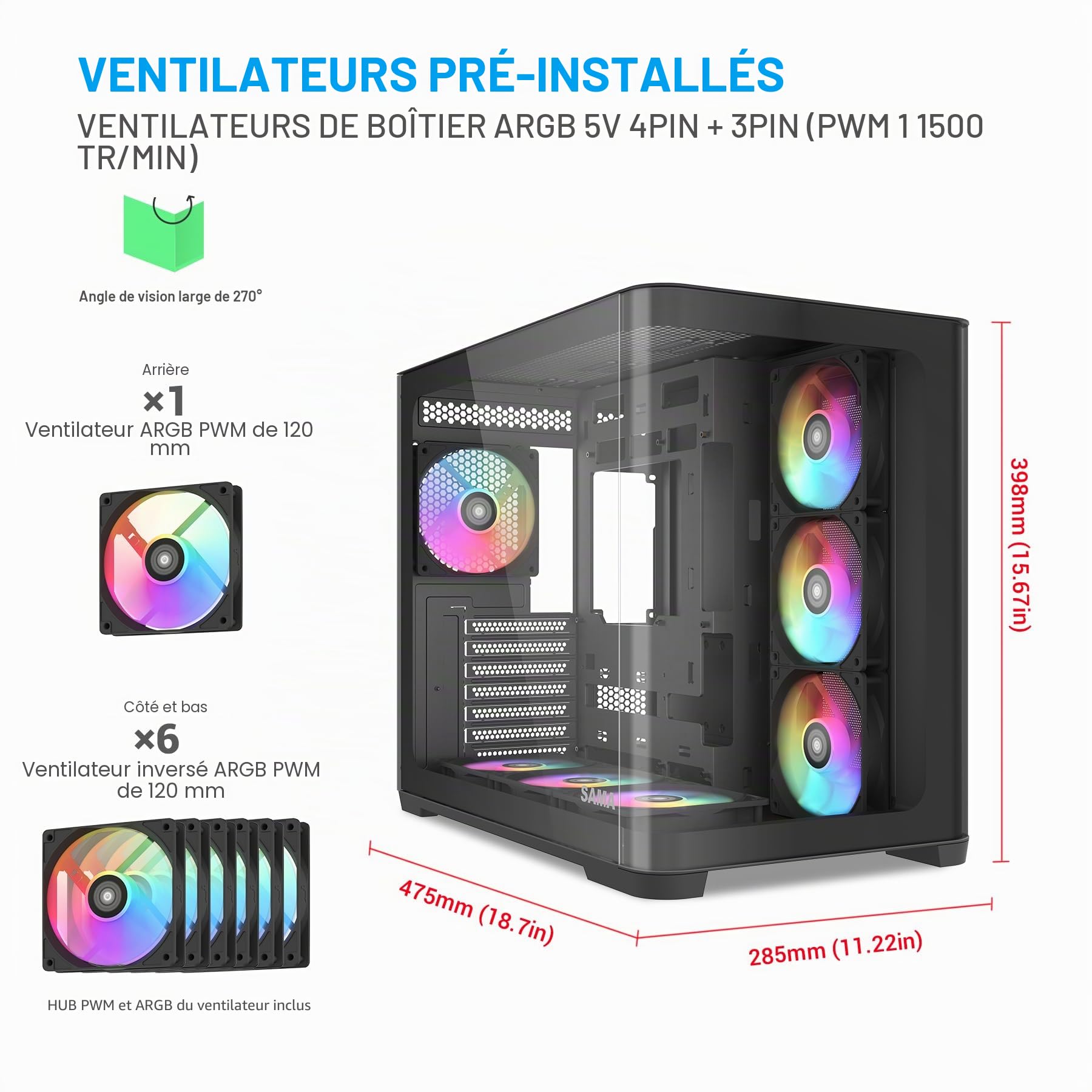 Boîtier SAMA V60 ATX, Verre Incurvé, 7 Vent. ARGB, USB-C, Noir