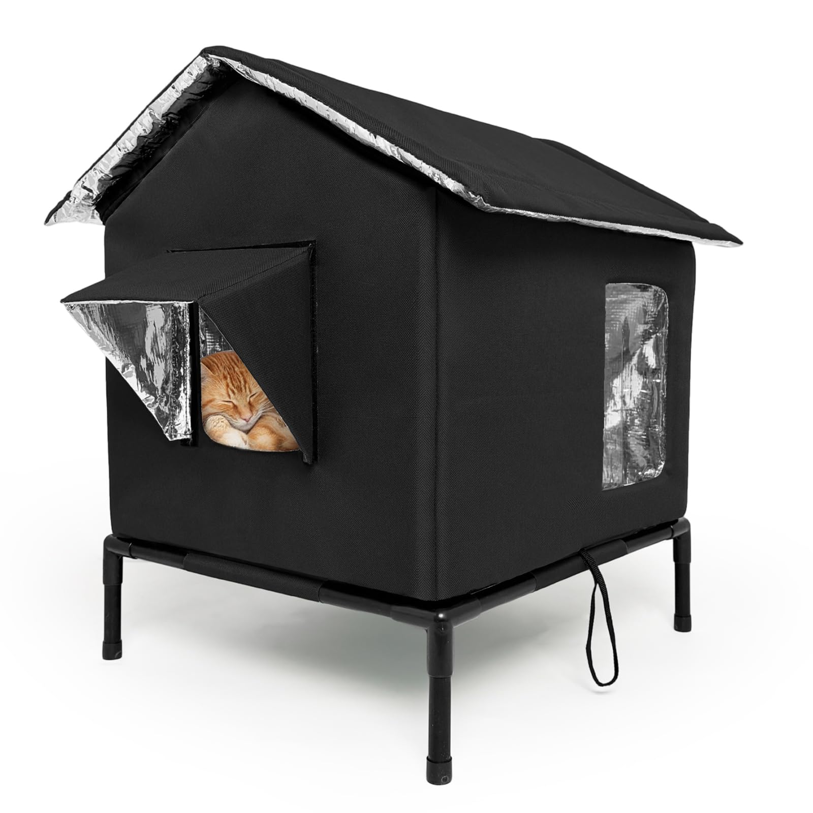 Outdoor Cat House Waterproof - Large Cat House for Indoor & Outdoor, Portable Collapsible Cat Shelter with Elevated Base, Insulated Inner & 2 Entrances for Patio Backyard Garden in Summer(Black)