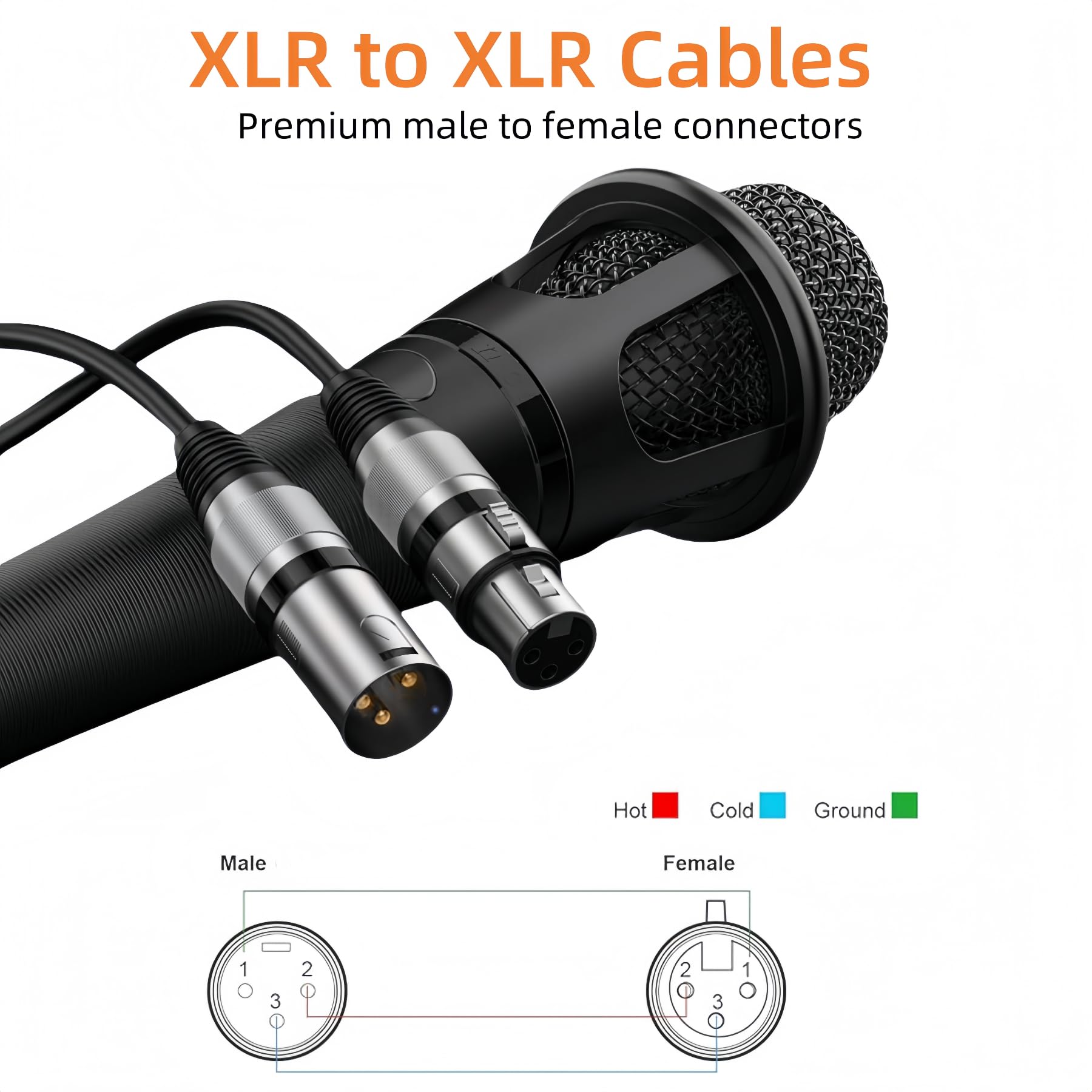 XLR-Kabel, 3 m, 6 Stück, vergoldet, 3-polige Mikrofonkabel, 3 m, XLR-Stecker auf Buchse, Farbstecker, XLR-Mikrofonkabel, symmetrisches Mikrofonkabel, ideal für Mikrofon, Mixer