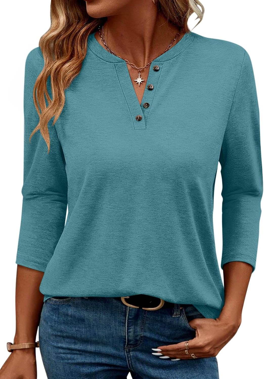 TICTICMIMI Women's V Neck 3/4 Sleeve Tops Casual Summer T Shirts Loose Fit Button Tunic Blouse