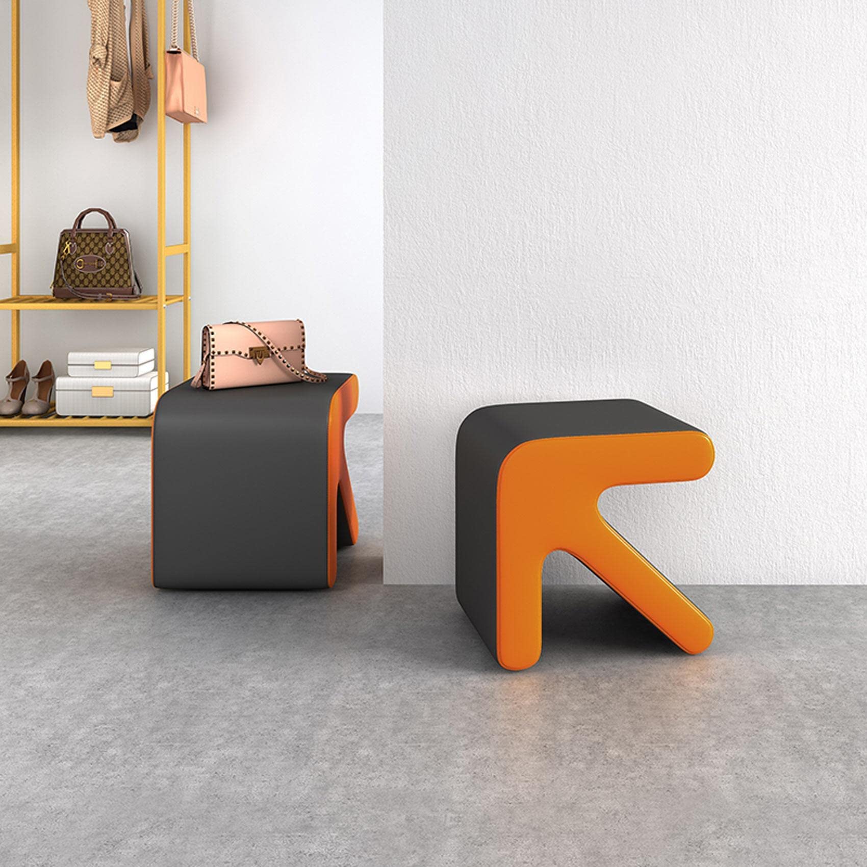 Repose-pieds tabouret orange 40x35x40cm en cuir pour salon et chambre
