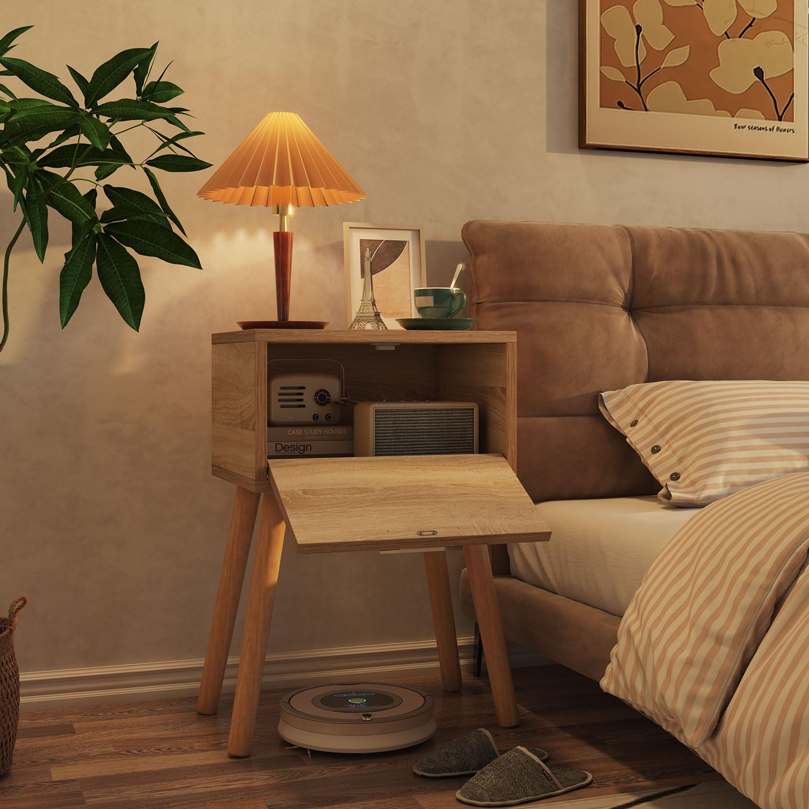 YMYNY Lot de 2 Tables de Chevet, Table D'appoint avec Rangement, Pieds en Bois, Décorés à La Main en Rotin, Tiroir Magnétique, 35x27x53 cm, pour Chambre à Coucher, Salon, Naturel HST010N-2