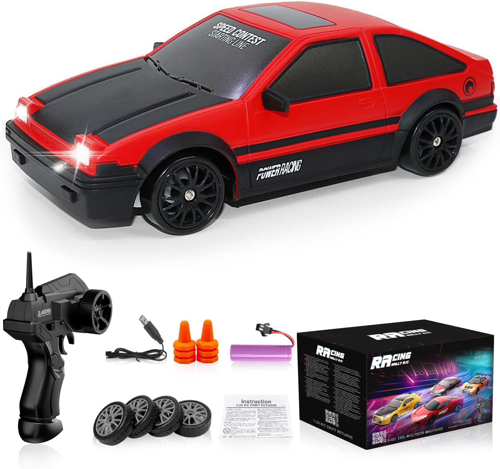 Remote Control Car RC Drift Car 2.4GHz 1:24 Scale 4WD High Speed RC Cars Vehicle with LED Lights Batteries and Drifting Tires Racing Sport Toy Cars for Adults Boys Girls Kids Gift