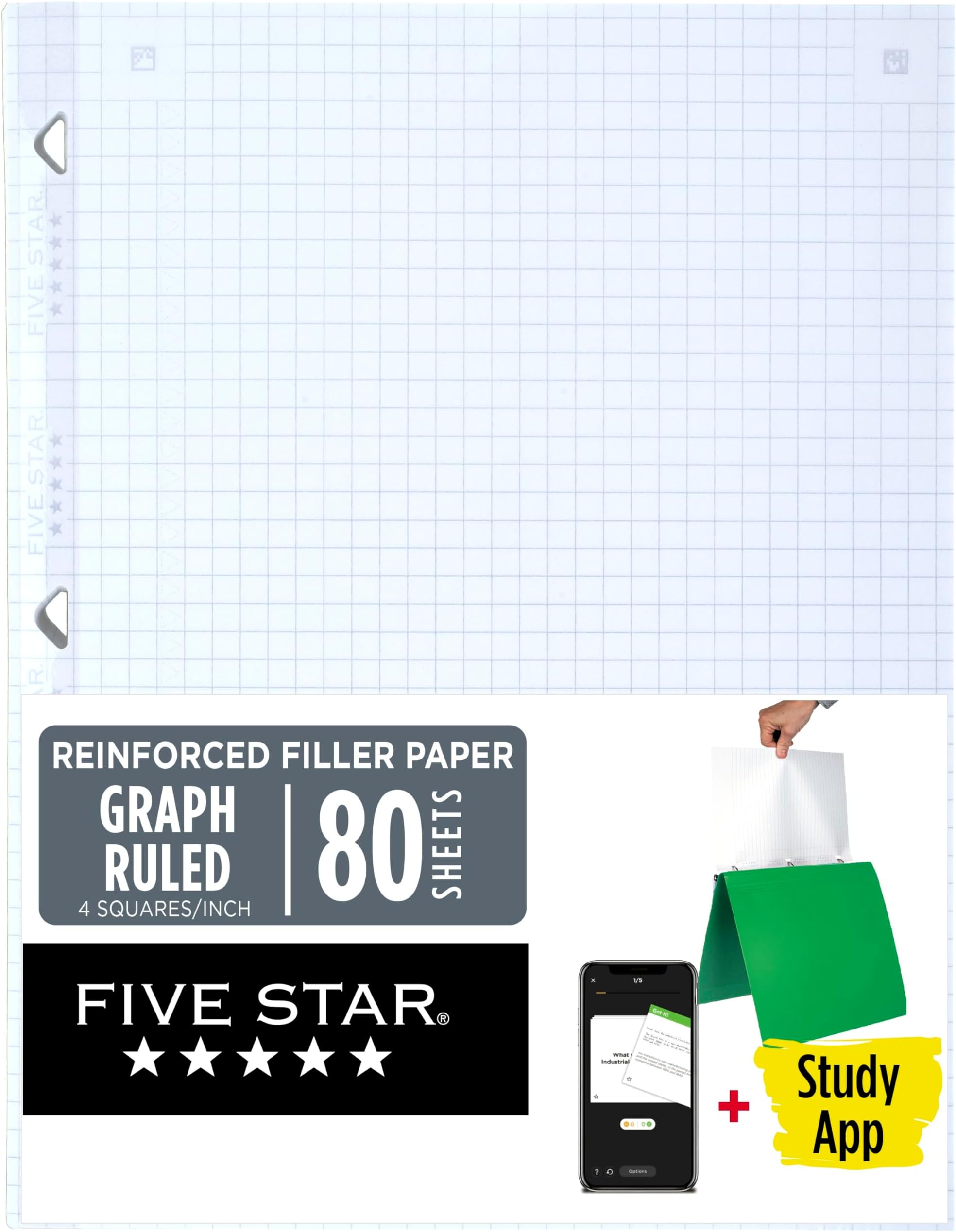 Five Star Loose Leaf Paper + Study App, Notebook Paper, Graph Ruled Paper, 8-1/2" x 11", 80 Sheets, Reinforced Filler Paper, Fights Ink Bleed (170122)