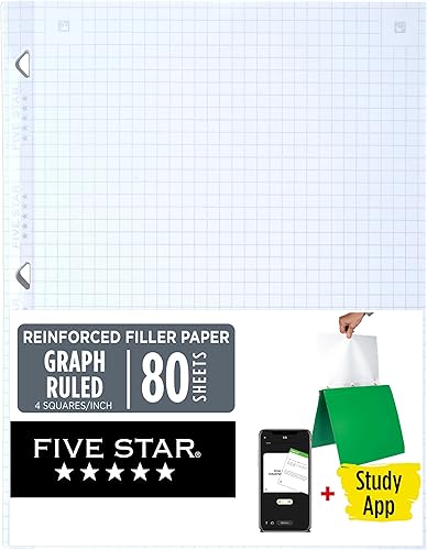 Five Star Papel de hojas sueltas + aplicación de estudio, papel de cuaderno de relleno con rayas gráficas, reforzado, combate el sangrado de tinta,