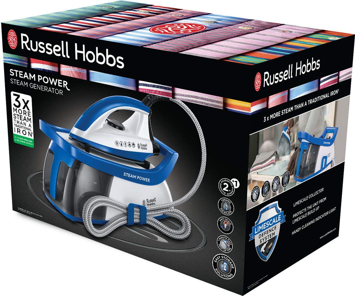 Russell Hobbs Centro de Planchado Steam Power - 2600 W, Suela Cerámica, Presión 4,5 Bares, Depósito 1,3L, Antical, Golpe Vapor 120 g, Recogecable, Indicador Luminoso, Blanco y Azul - 24430-56