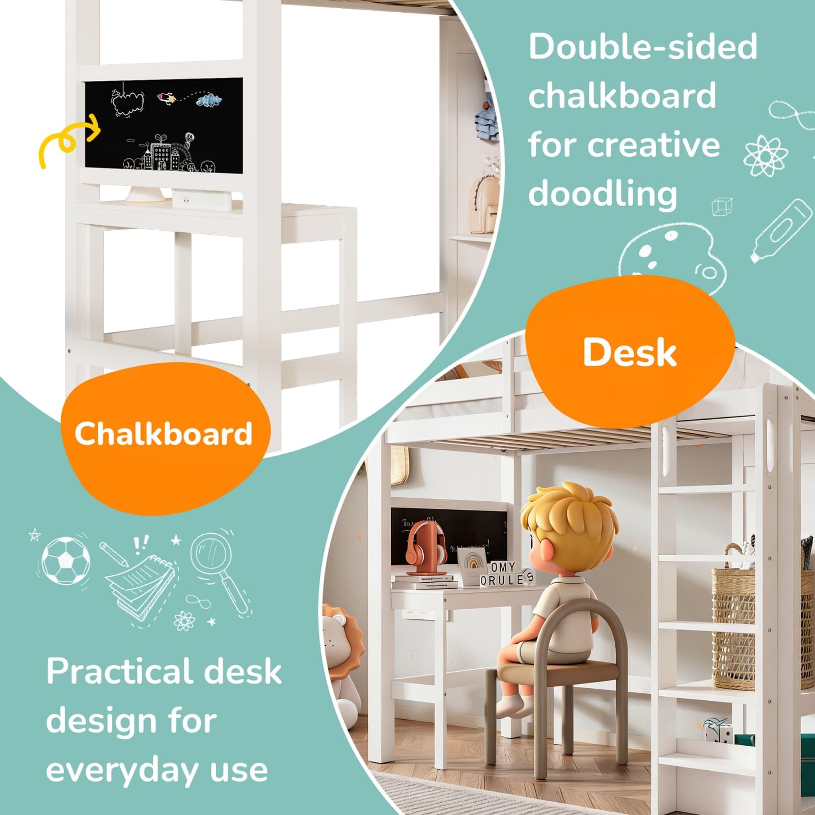 Sweiko Lit Mezzanine Enfant 90×200cm avec Bureau intégré et Armoire Ouverte, Cadre de lit avec étagères et barrière de sécurité, lit superposé avec Tableau Noir et sommier à Lattes