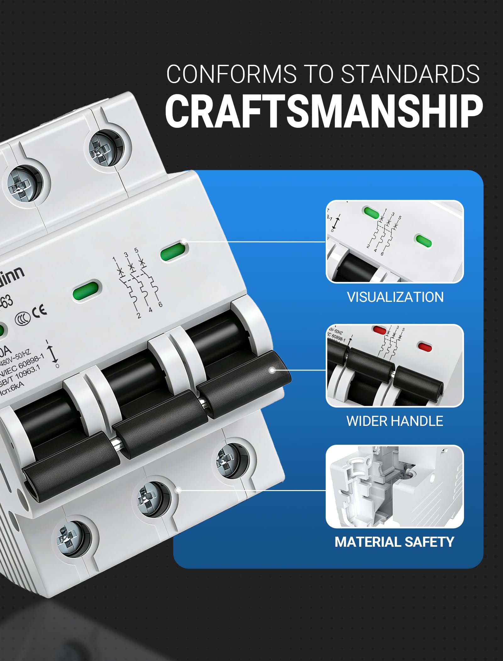 3 Pole Miniature Circuit Breaker,240V/480V AC Circuit Breaker, 50Amp Thermal Magnetic Trip Smart Circuit Breaker AC Disconnect Switch DIN Rail Mount (50A) — Amazon image 5
