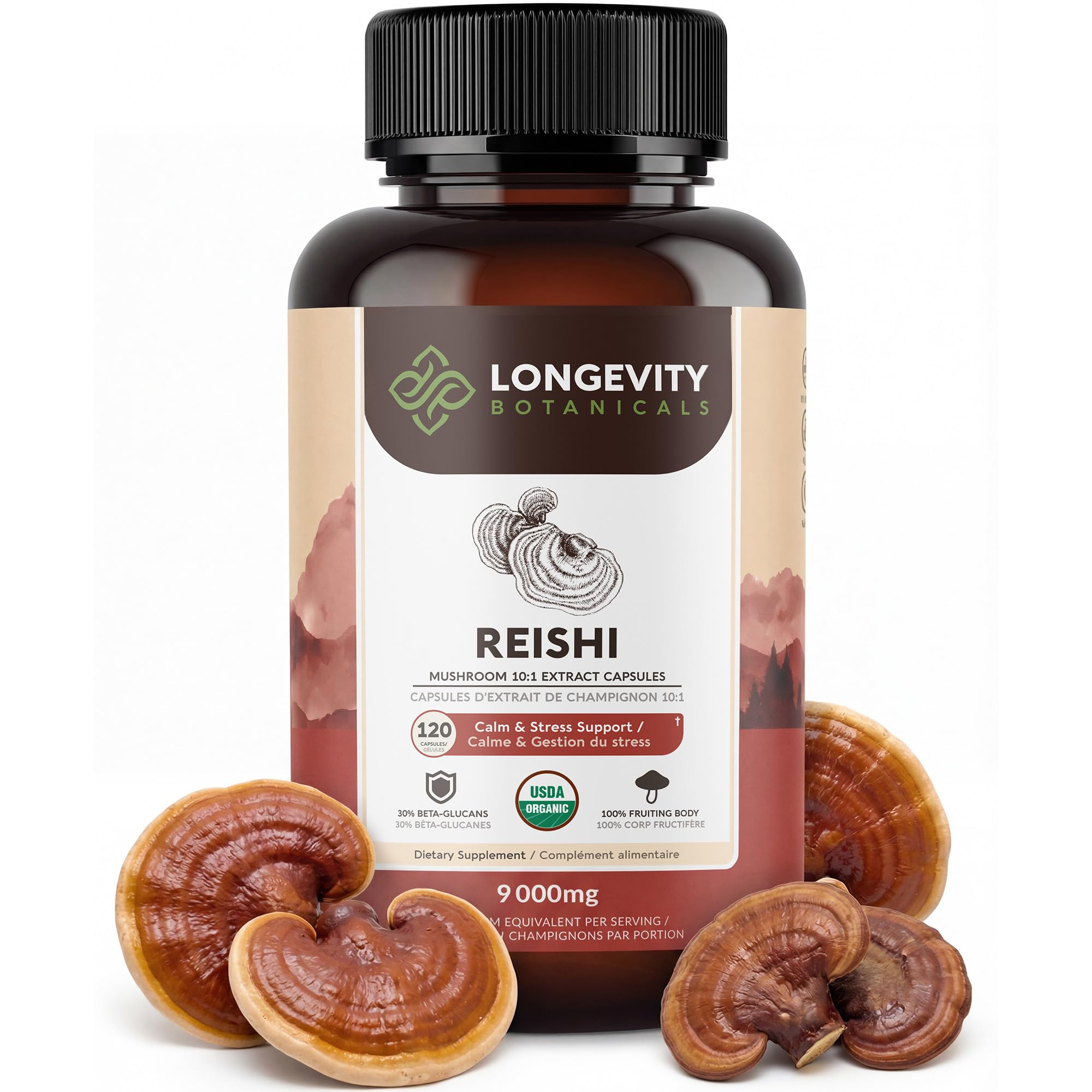 Organic Reishi Mushroom Capsules Supplement (120) | Pure Fruiting Body 10:1 High Strength Extract | 30% Beta-D Glucans | 9,000mg Raw Equivalent Per Serving | Calm, Sleep & Stress Support