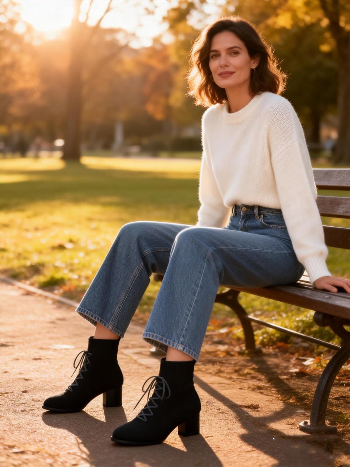 Women Knit Lace-Up Ankle Boots with Chunky Block Heel, Almond Round Toe Fashion Ladies Dressy Heeled Booties - Image 8