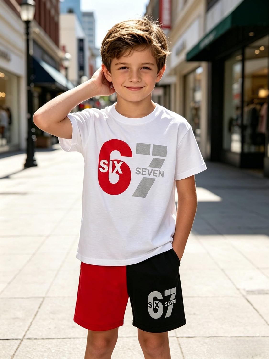Boys 2 Piece Outfits Casual Short Sleeve Six Seven Graphic T-Shirt & Shorts Set Summer Clothes for Kids Teens 7-14Y