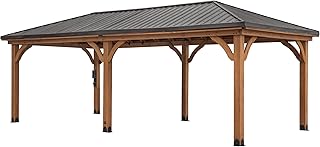 Backyard Discovery Barrington 24' x 12' Cedar Wood Outdoor Gazebo Pavilion with Hardtop Galvanized Steel Hip Roof, Snow Support, Wind Resistance, PowerPort, Shade for Garden, Patio, Deck, Entertaining