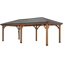 Backyard Discovery Barrington 24 x 12 Cedar Wood Outdoor Gazebo Pavilion with Hardtop Galvanized Steel Hip Roof, Snow Support, Wind Resistance, PowerPort, Shade for Garden, Patio, Deck, Entertaining