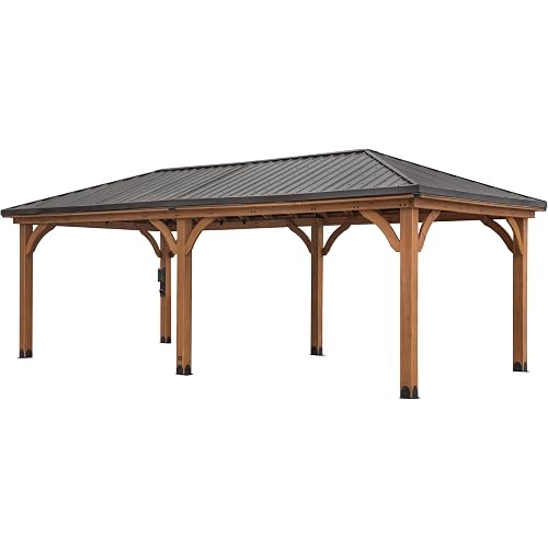 Backyard Discovery Barrington 24' x 12' Cedar Wood Outdoor Gazebo Pavilion with Hardtop Galvanized Steel Hip Roof, Snow Support, Wind Resistance, PowerPort, Shade for Garden, Patio, Deck, Entertaining