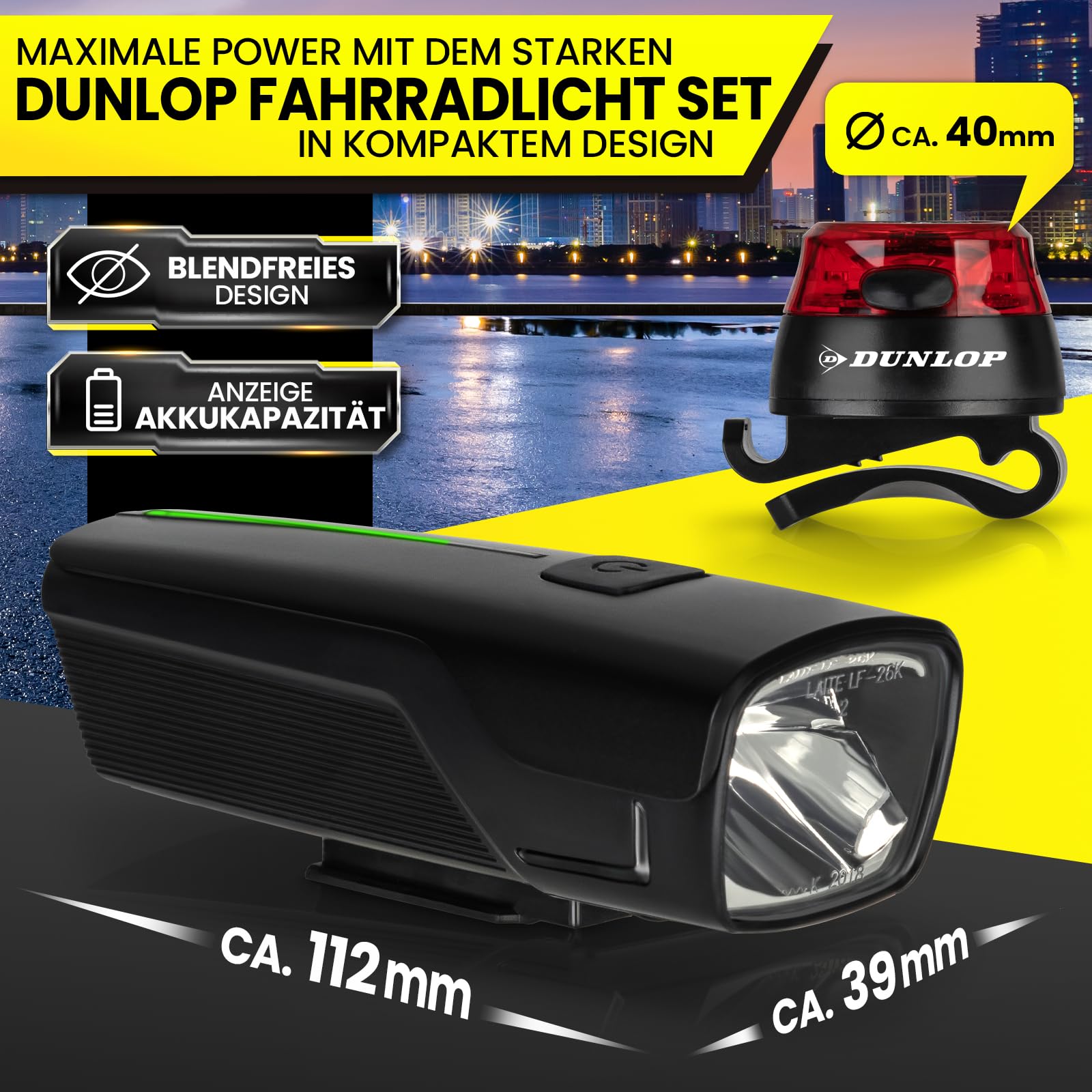 DUNLOP Fahrradlicht Set - LED Scheinwerfer & Rücklicht Mit StVZO Zulassung