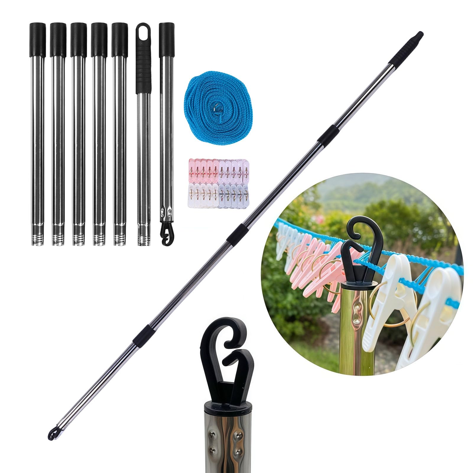 Soporte para Tendedero Telescópico para Exteriores, Poste de Alcance para Percha de Armario Ajustable de Acero Inoxidable de 75 a 250 Cm, Poste de Soporte para Tendedero