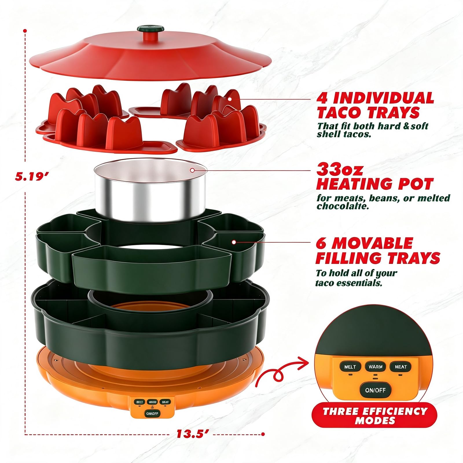 Juego de Fondue de Chocolate eléctrica, Olla calentada de 33 oz | 4 soportes para tacos, bandeja desmontable Lazy Susan para preparación de alimentos compartidos en fiestas en interiores