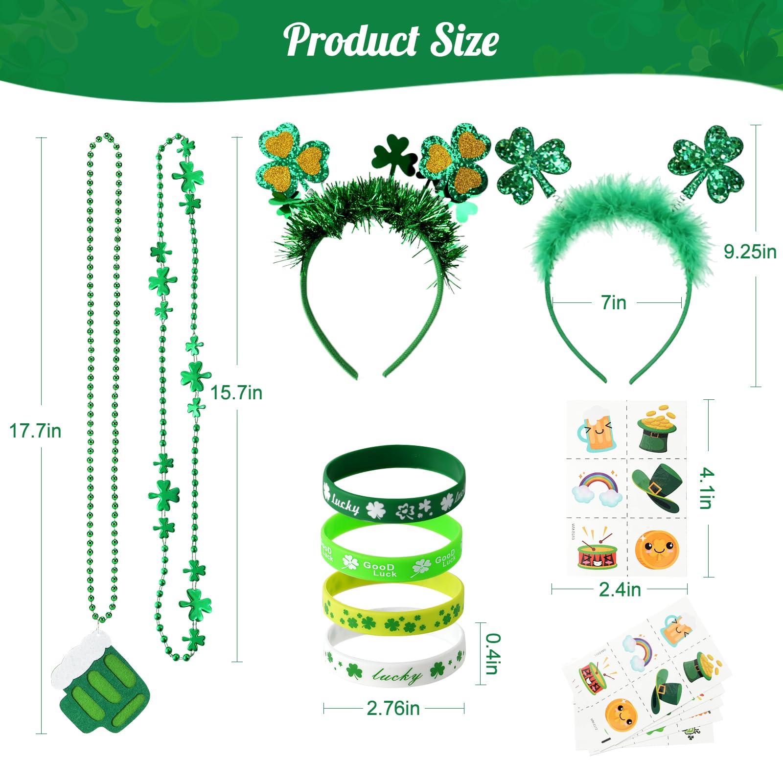 Yunfan 29Pack St Patricks Day Accessories St Patricks Day Decorations Green Shamrock Clover Necklaces Headbands Bracelets Tattoo Stickers for Leprechaun Costume Accessories Irish Party Supplies - 3