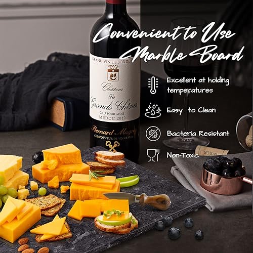 Miniatura 4 de Flexzion Tabla rectangular de mármol para quesos  Tabla de servir de mármol negro de 11.5 x 15 pulgadas para hornear, embutidos, pastelería,