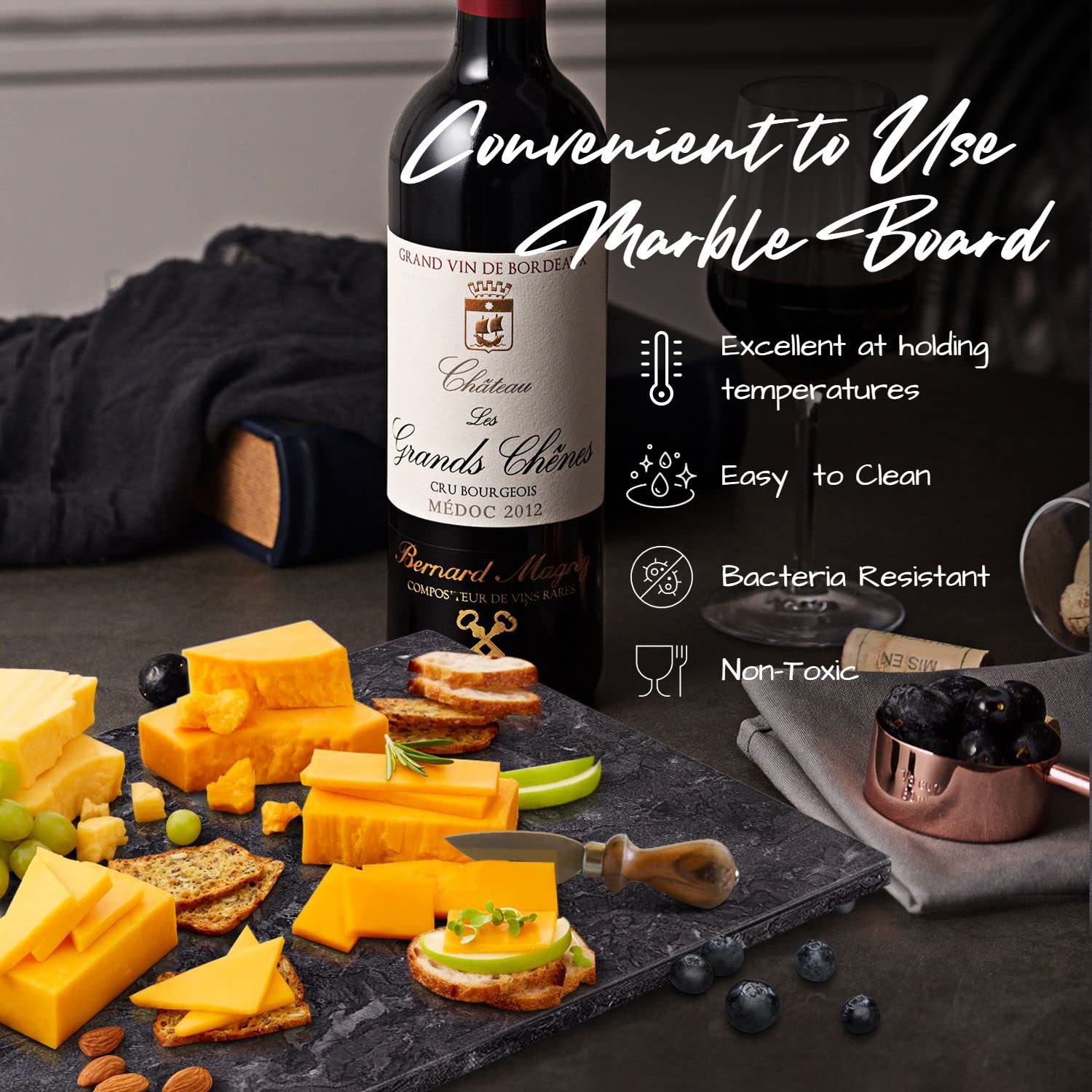 Flexzion Rectangular Marble Cheese Board - 12 x 16 Inch Black Marble Serving Board for Baking, Charcuterie, Cheese, Cutting, Pastry, Trivet - Non-Stick and Heat Resistant Marble Board for Home Kitchen