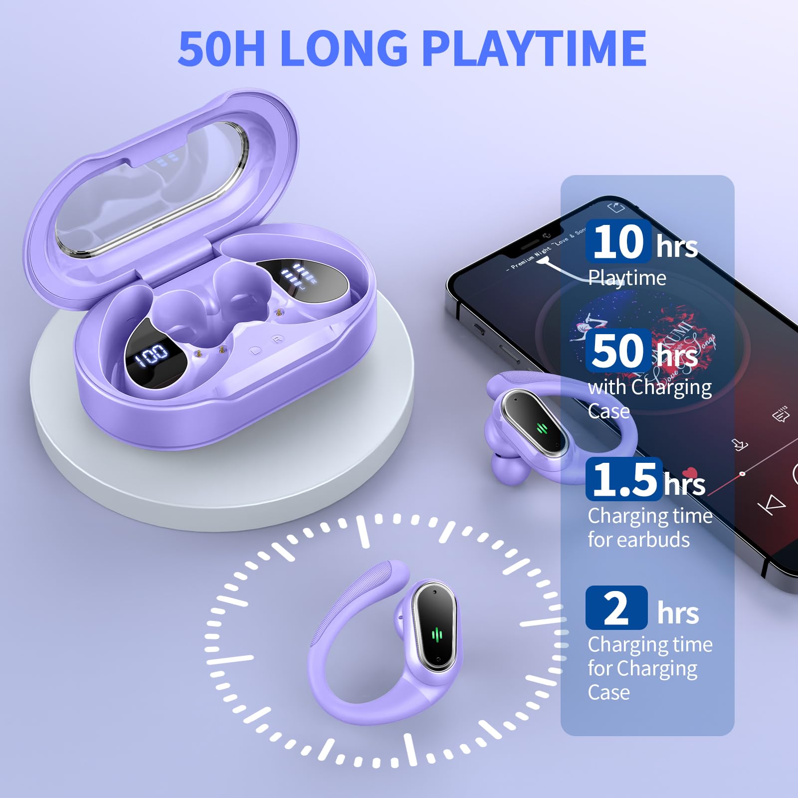 Cuffie Bluetooth Sport, Auricolari Bluetooth 5.4 con 4 ENC Mic, 50 Ore Cuffie Wireless HiFi Stereo, Auricolare Bluetooth senza fili per Running con gancio per le, IP7 impermeabili, Display LED/USB-C