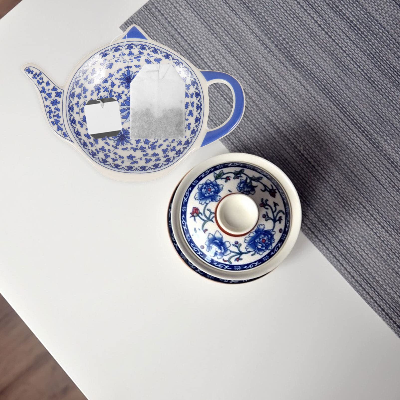 VOSAREA 4pcs Teapot Shaped Tea Bag Holder, Porcelain Tea Bag Coasters Seasoning Dish Spoon Rests Saucer Snack Plate for Chips Tea Plates Sauce Dessert Blue
