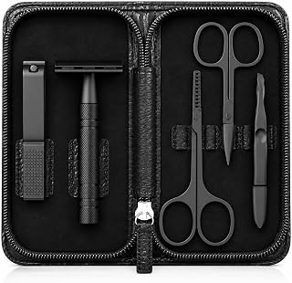 Safety Razor for Men, Matte Black with 10 Double Edge Blades | Includes Nail Clippers, Scissors, Tweezers & Travel Case for Precision Shaving, Beard Grooming & Daily Care