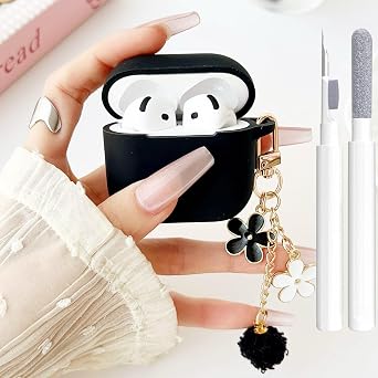 Cute Black Case for Airpods 4 Cover for Girl Women with Pom pom Flower Charms Keychain & Cleaner Kit, Soft Silicone Airpods iPod 4th Gen Protective Cover Skin for Airpod 4 2024