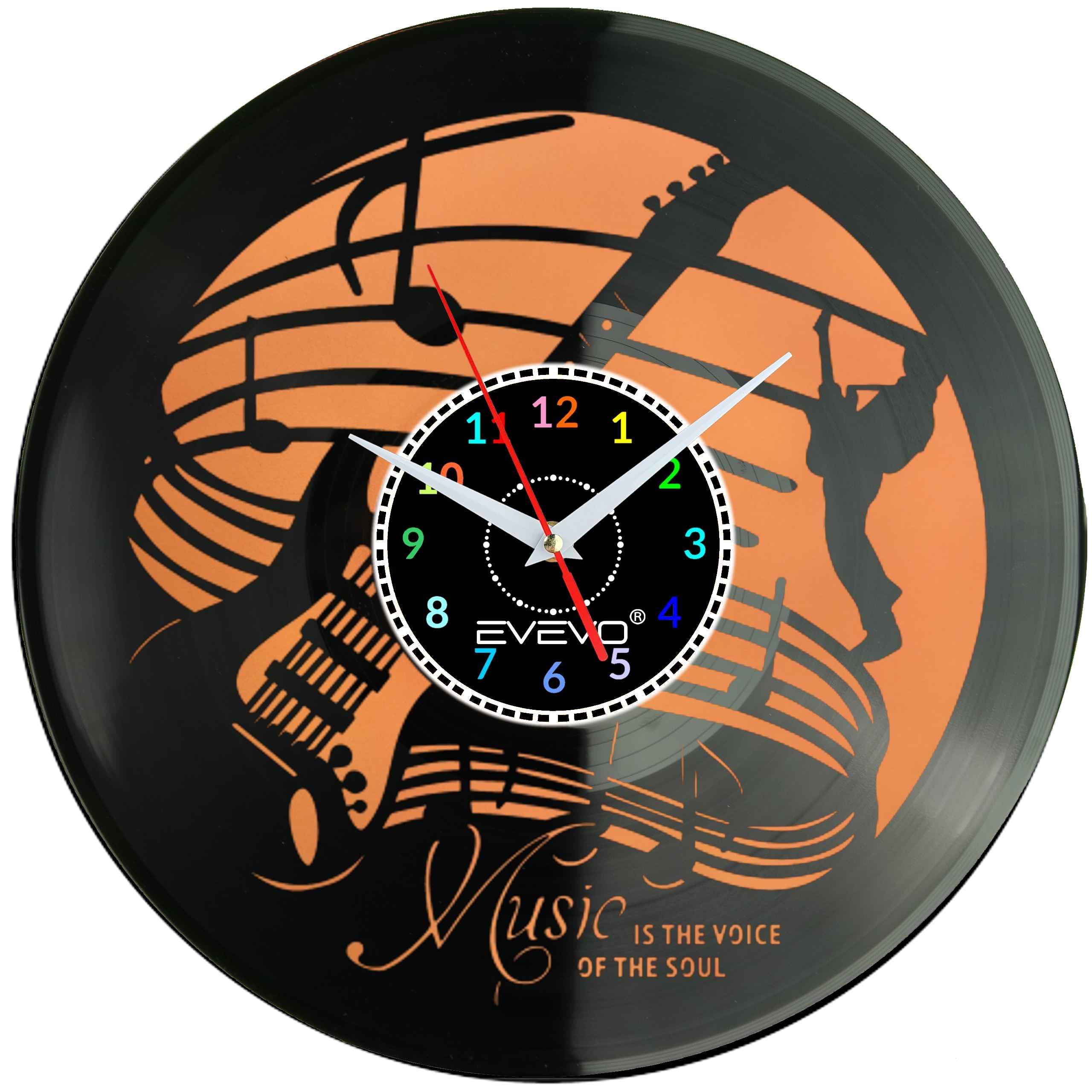 ZEGAR ŚCIENNY ZEGAR DLA MELOMANA JAZZ MUZYKA GITARA FLUORESCENCYJNE TŁO PŁYTA WINYLOWA PREZENT UPOMINEK URODZINY EVEVO F0047
