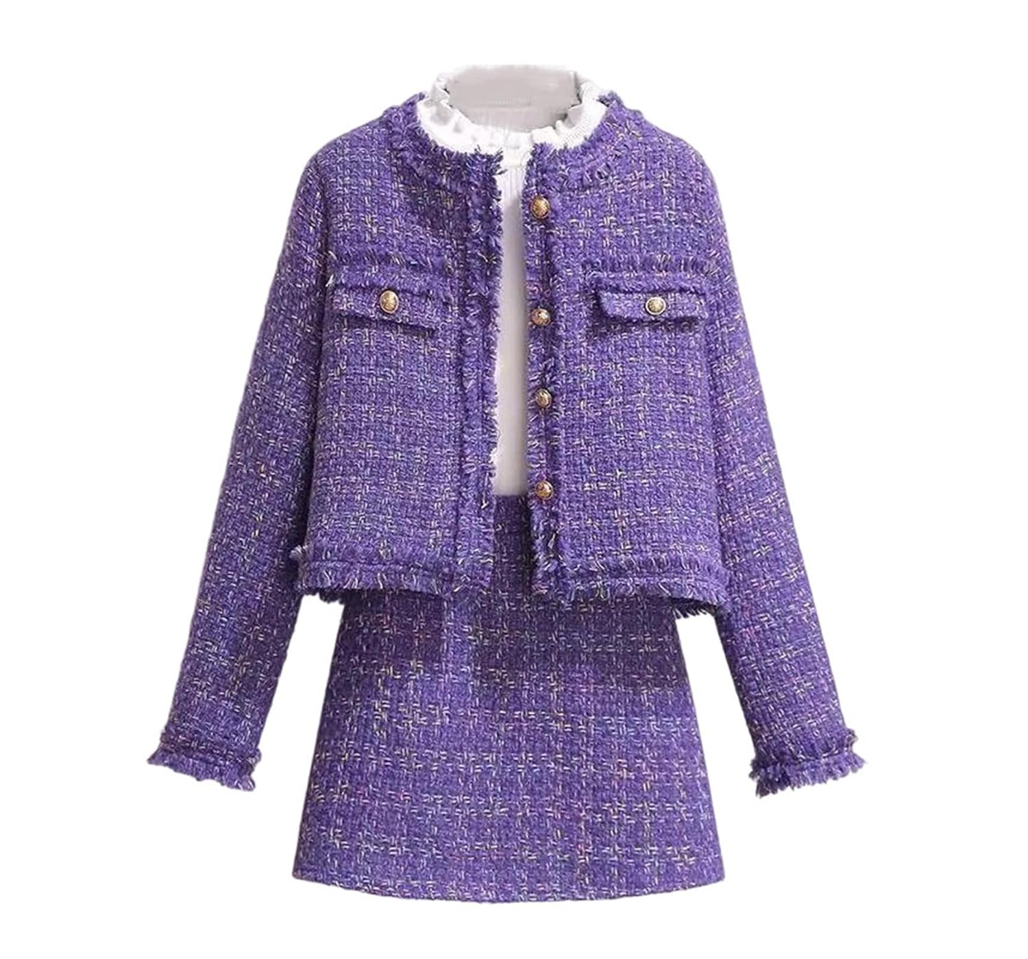 Womens Vintage Tweed Jacket and Skirt Two Piece Set Elegant Outfit Business Wear for Office Lady Formal Occasions