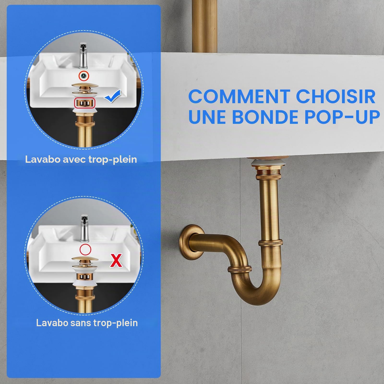 Siphon en P en acier inoxydable et vidage pop-up en laiton, 3,2 cm x 32 mm, universel pour lavabo de salle de bain et lavabo avec trop-plein, siphon anti-odeurs réglable en hauteur, finition