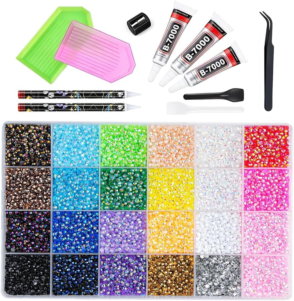 Bedazzling Kit with Rhinestones, Flat Back Resin Rainbow Colorful Colored Crystal with 3Pcs 10ml B7000 Jewelry Glue & Tools - Christmas Birthday Gifts for Women