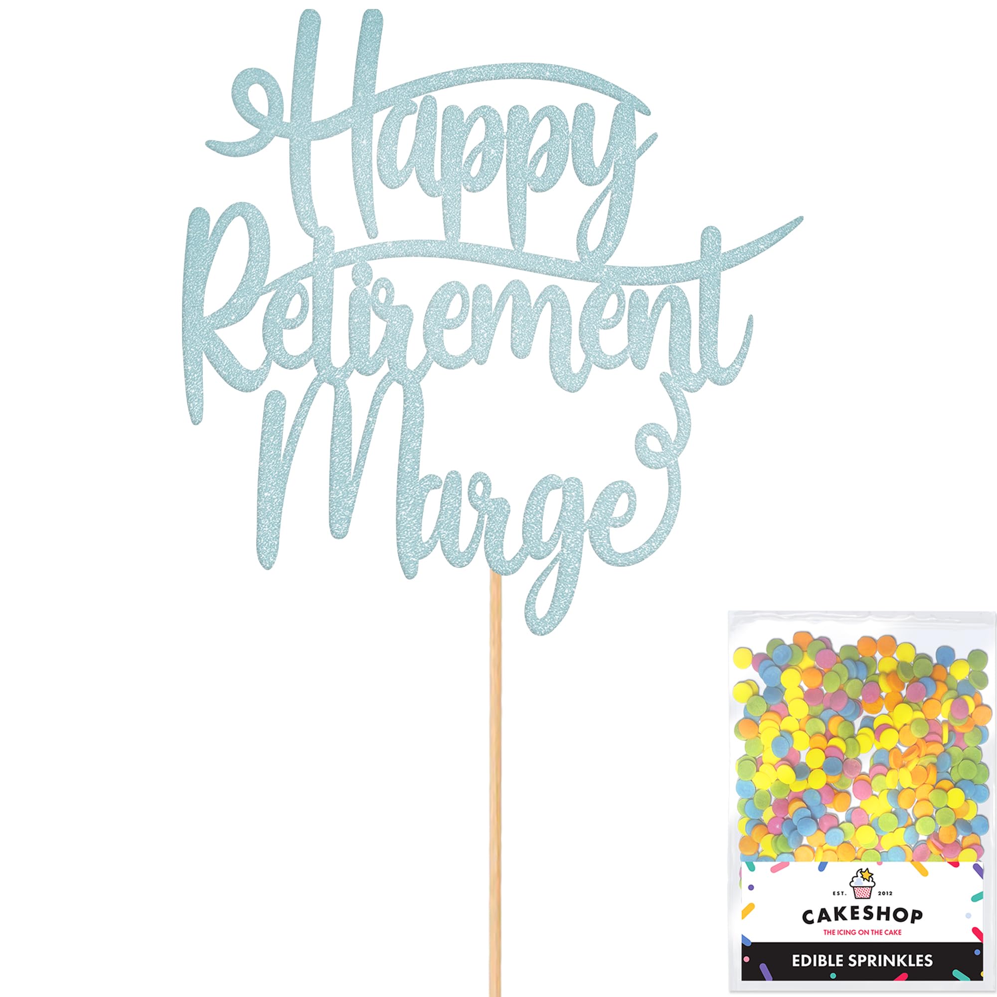 Cakeshop Personalised Happy Retirement Glitter Cake Topper With Sprinkles - Light Blue Custom Colour - Any Name - Double-Sided Glitter Card Cake Decoration - Custom Toppers for Cakes — image 1