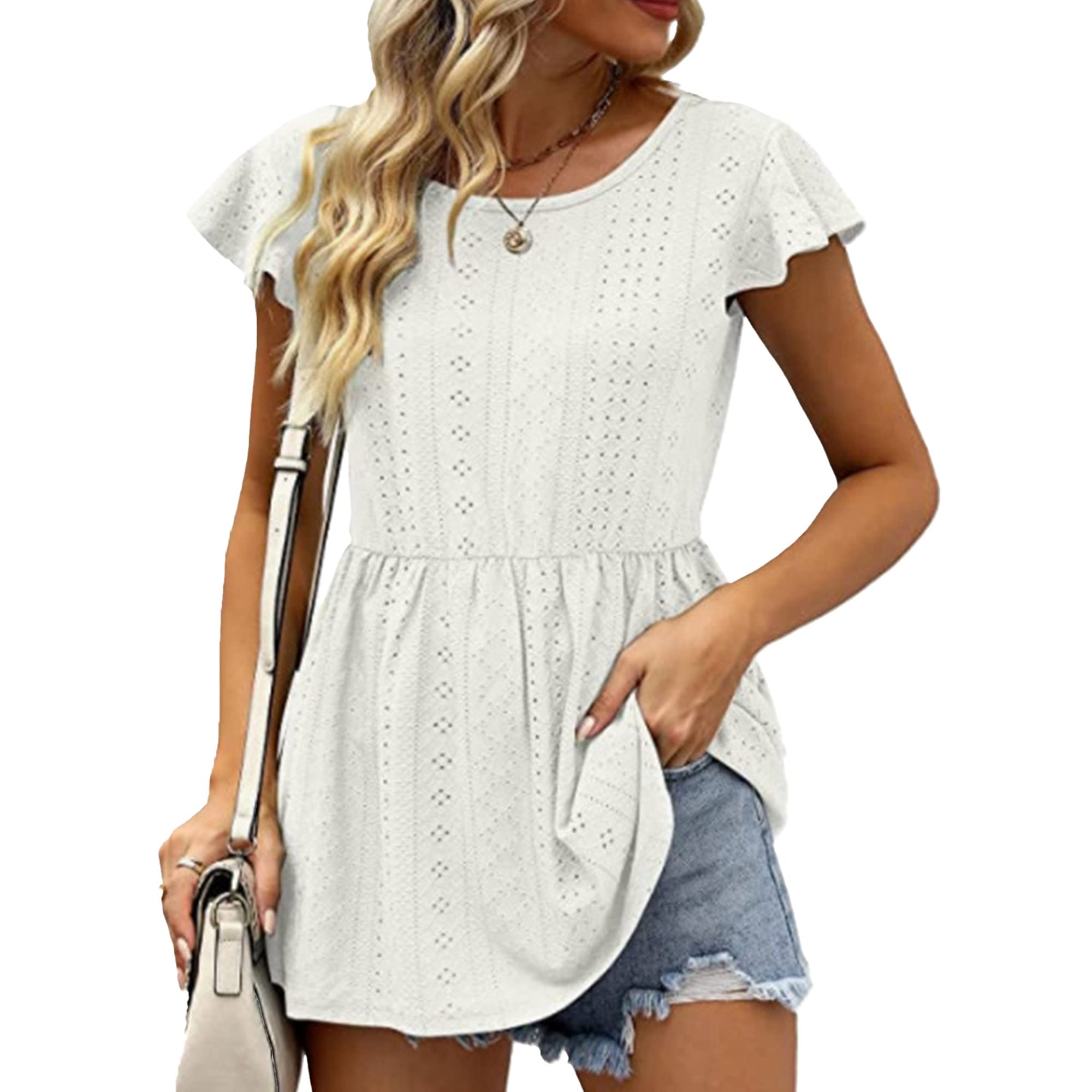 Womens Crewneck Eyelet Flowy Tshirts Casual Ruffle Sleeve Lace Crochet T-Shirt Solid Color Pleated Dressy Tops (Large,White)