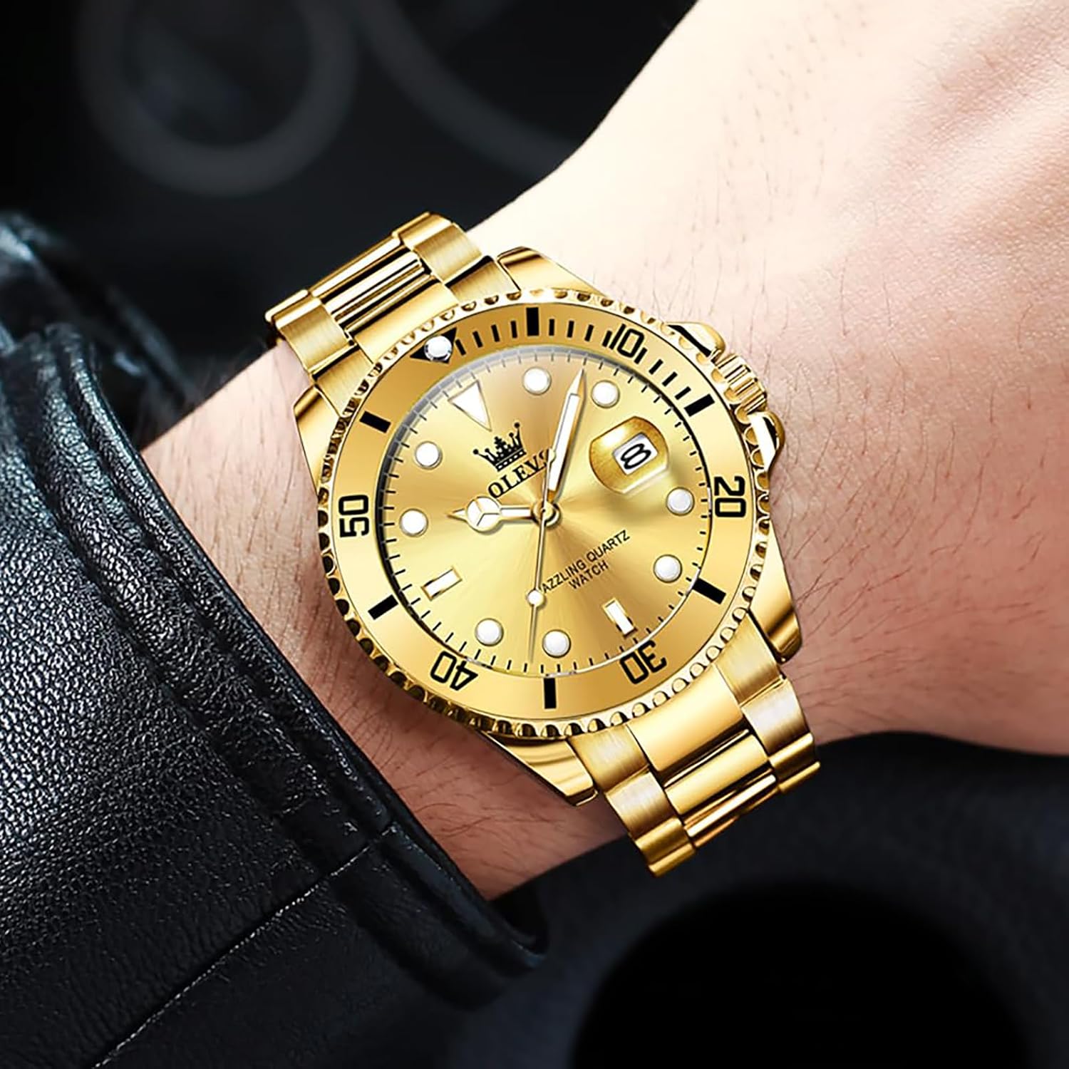 OLEVS Mens Big Dial Stainless Steel Analog Quartz Luxury Gold Silver Date Waterproof Luminous Wrist Watch for Men 5885 Gold Dial/Gold Strap