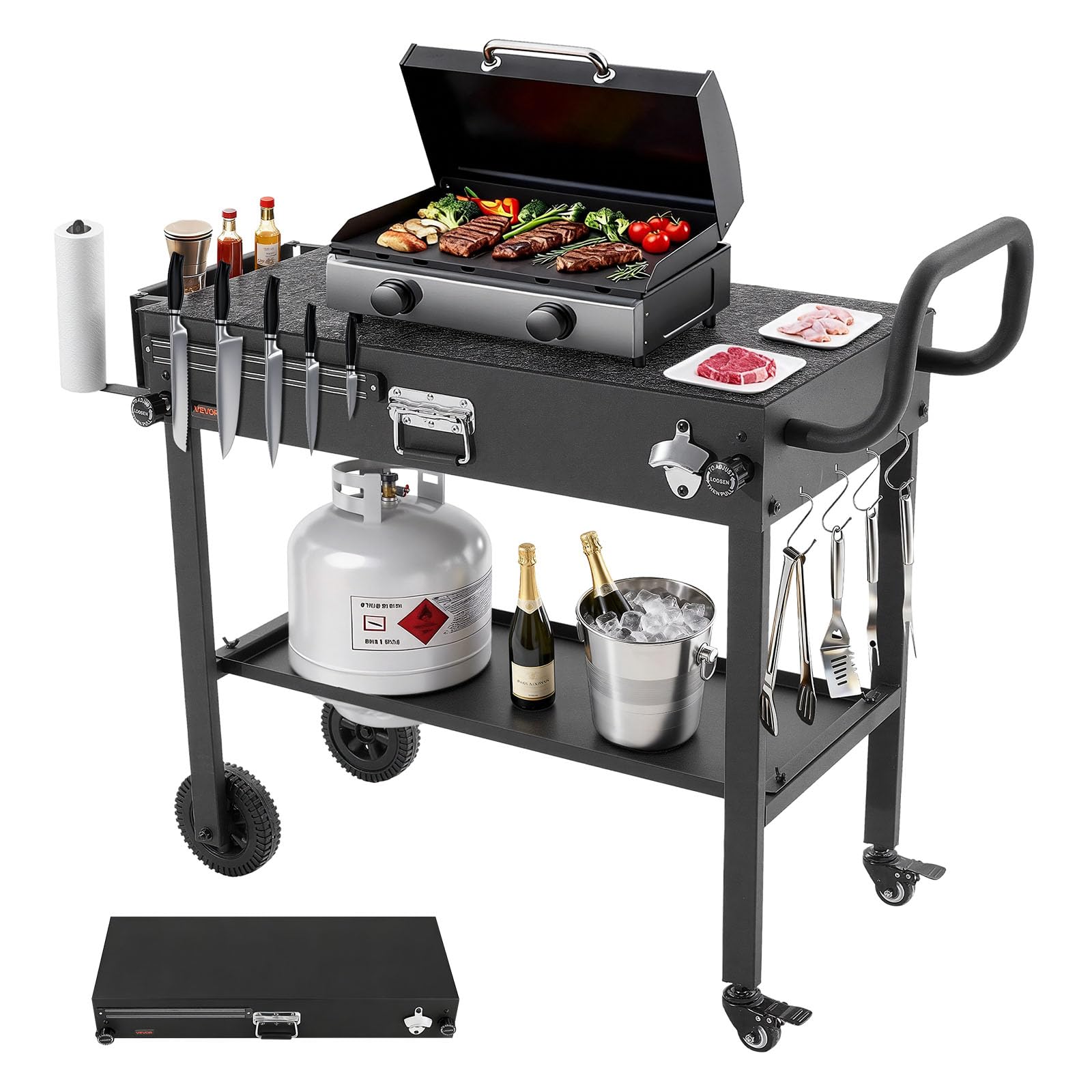 VEVOR Desserte de Jardin pour Plancha Pliable, Chariot de Barbecue Plan de Travail 78,7x43,2 cm, pour Préparation de Cuisine BBQ Terrasse Extérieur, avec Porte-essuie-Tout et Support pour Ustensiles