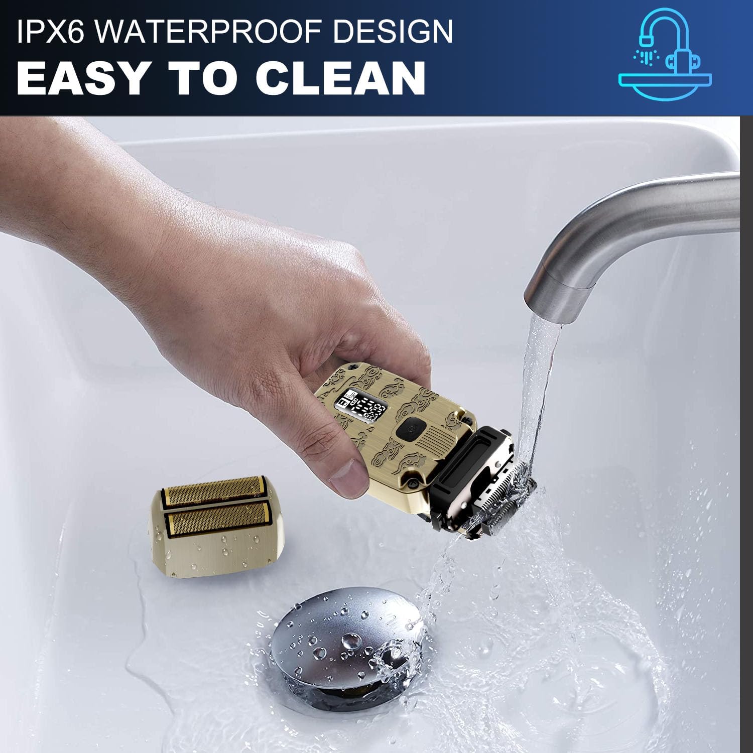 Scttomon HT-933 shaver being cleaned under running water in a sink