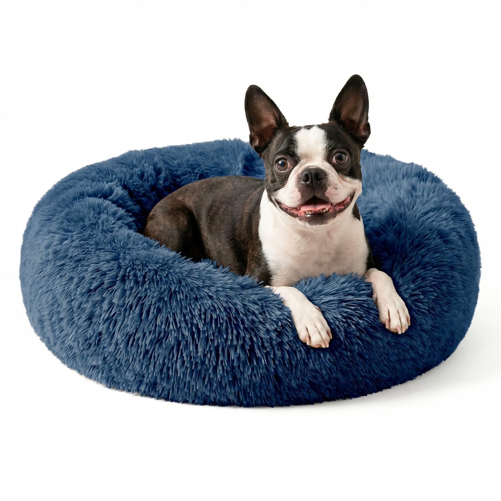 Beruhigendes Hundebett für mittelgroße Hunde, waschbar, Donut-Design, rutschfest, rund, flauschig, Plüsch-Kunstfell, Katzenbett, passend für Haustiere bis zu 20 kg, Marineblau