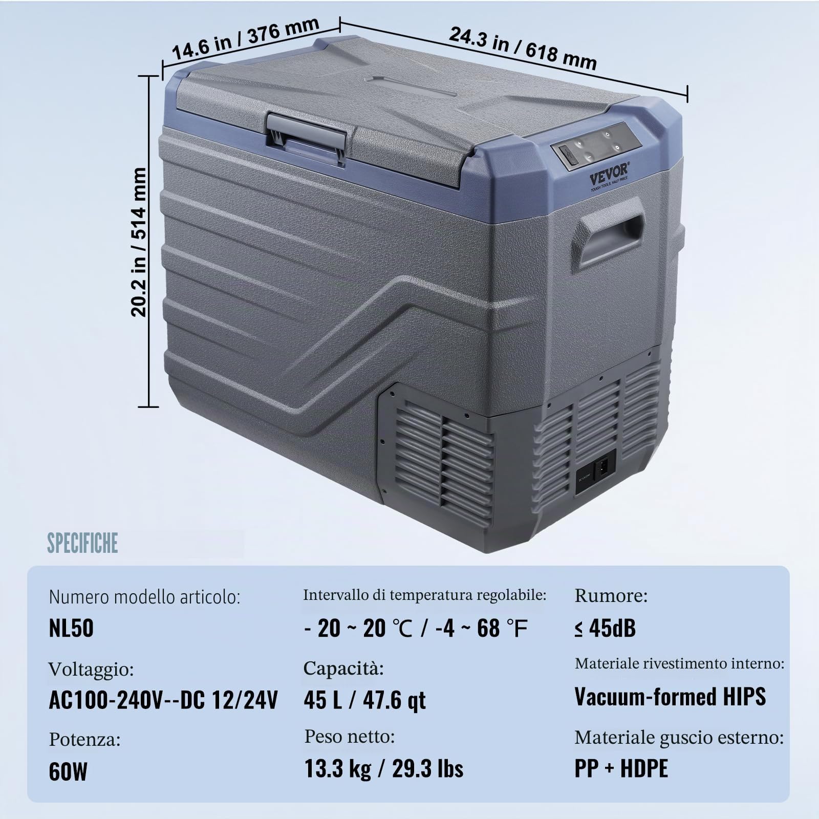VEVOR Frigorifero per Auto 45L 12V Compressore Congelatore Portatile Zona Singola