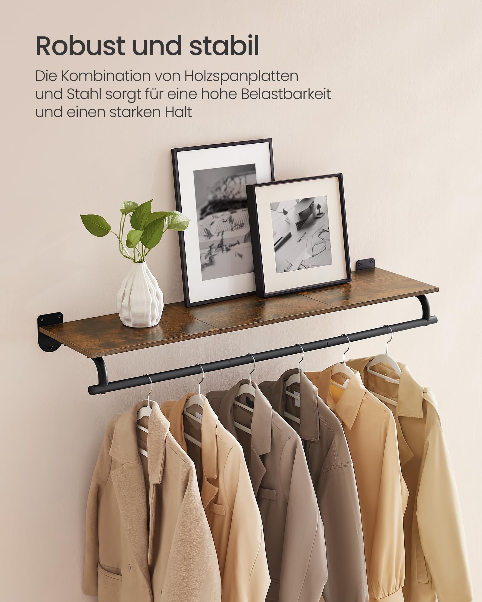 SONGMICS Wandgarderobe, Garderobe, Wandregal mit Kleiderstange, Gesamtbelastbarkeit 35 kg, 28 x 109 x 13,2 cm, für Schlafzimmer, Ankleidezimmer, vintagebraun-tintenschwarz HSR135B01