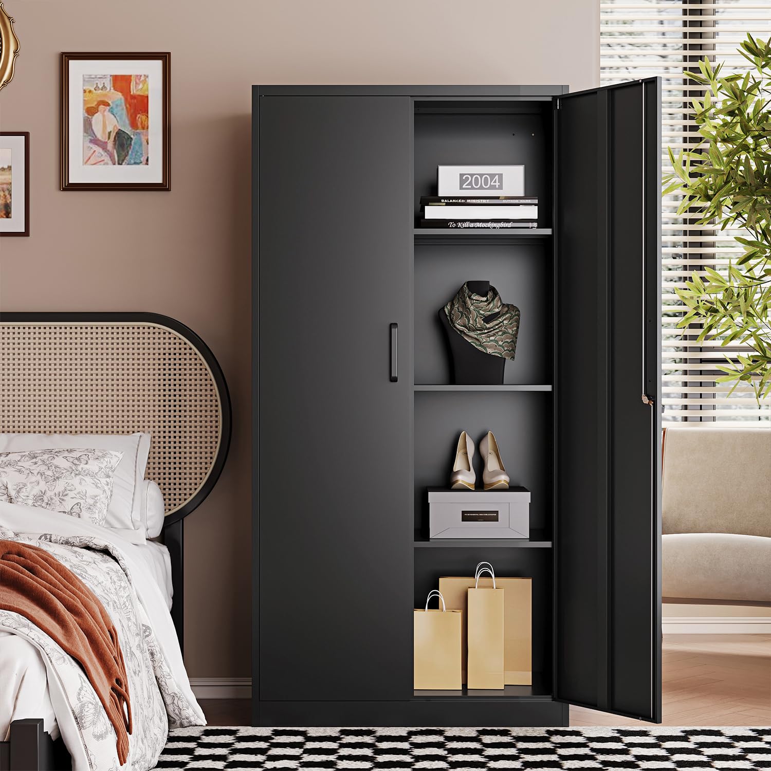 Metal Black Storage Cabinet with Adjustable Shelves and Lock Door-Metal Pantry Cabinets for Home,Office,Warehouse,Utility Room