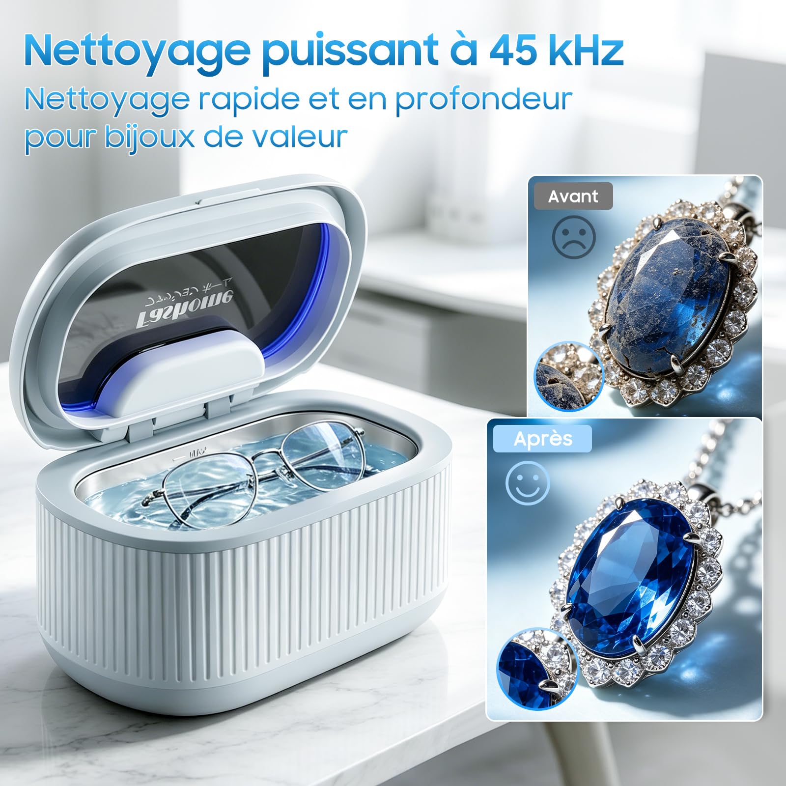 Fashome Nettoyeur Ultrasons 45KHz, 3 modes, cuve en acier inoxydable de 550 ml avec 2×100 ml de solution de nettoyage, adapté aux bijoux, lunettes, bagues, prothèses dentaires, élégant coffret cadeau