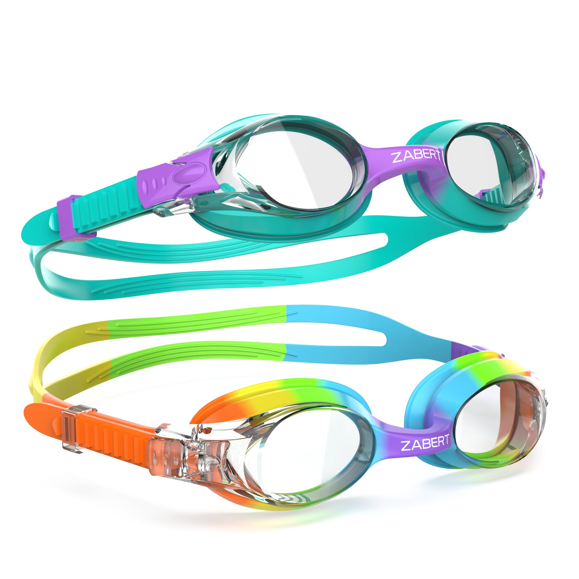 ZABERT 2 Pack K20 Kids Swimming Goggles, Swim Goggles for Kids Toddler Youth Boys Girls Junior Jr Childrens Child Little Baby Age 3 4 5 6 7 8 9 10 Years Anti Fog Rainbow Teal Purple — image 1