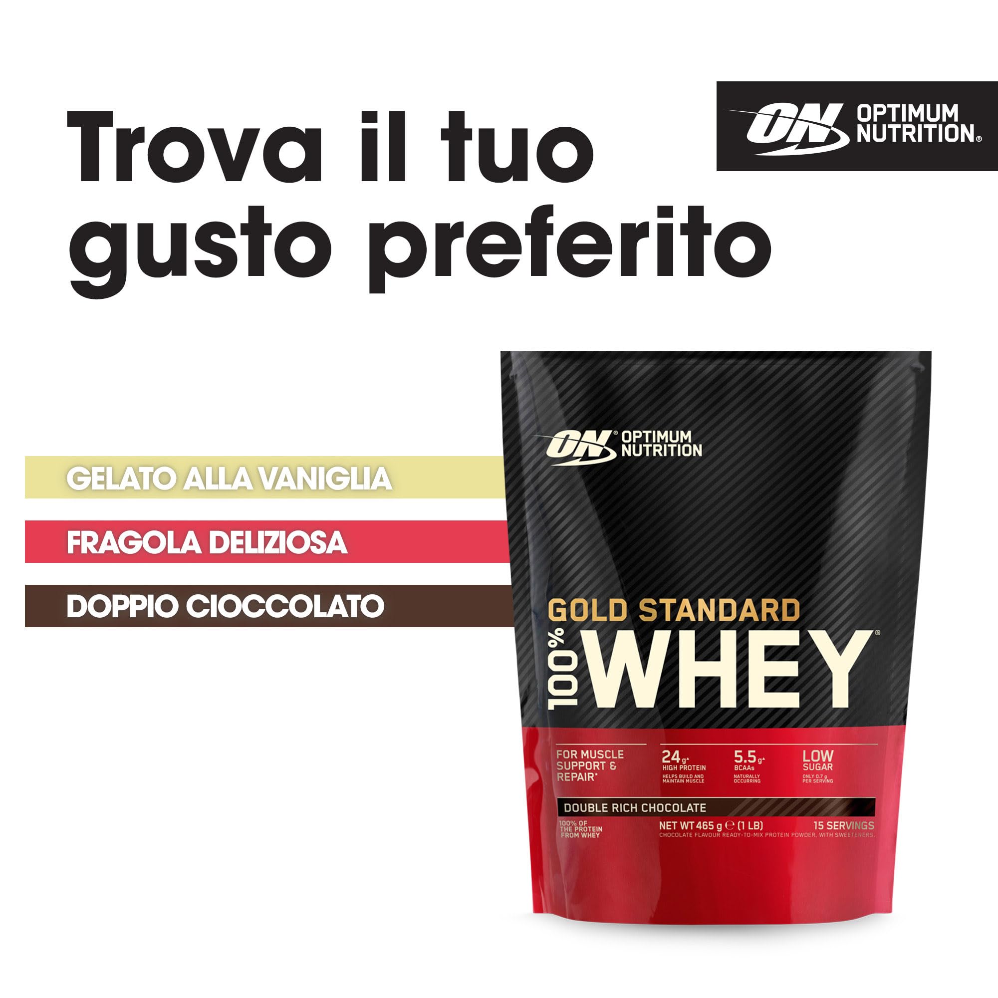 Optimum Nutrition Gold Standard 100% Whey, Proteine in Polvere, Gusto Doppio Cioccolato, 465g, 15 Porzioni