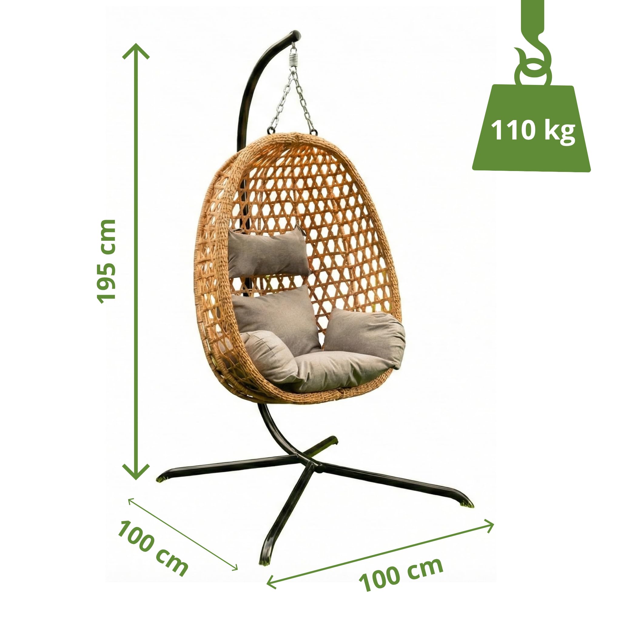 MEVEN Aura | Hängesessel mit Gestell natürlich Hängekorb Outdoor & Indoor | Schwebesessel Inklusive XXL Kissen Belastbarkeit 110kg | Luxus Korbsessel für Garten Balkon und Wohnzimmer Design Schaukel