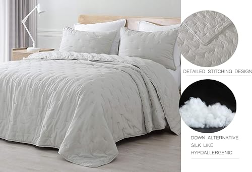 Vista 22 de Chezmoi Collection Marie 3-Piece Line Stitch Embroidery Quilt Set - Soft Washed Microfiber Lightweight Comforter Set Quilted Bedspread Coverlet Set