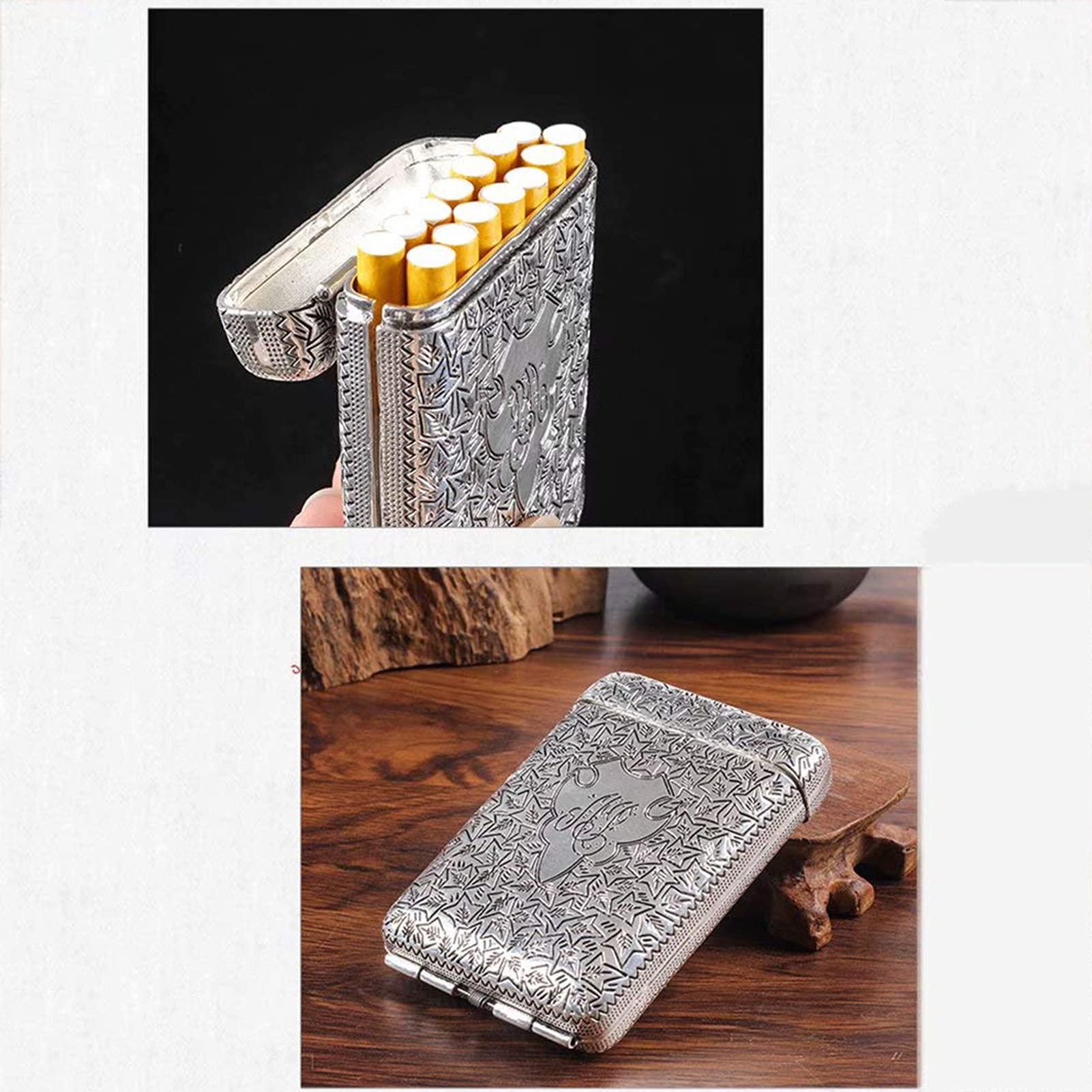 Etui na papierosy retro， metalowe etui na papierosy， przenośne etui na papierosy， trzykrotnie otwierane， odporne na ściskanie， ze wzorem w kształcie wąsów，，